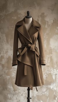 Luxury mocha mousse coat draped over a mannequin, showcased with dramatic spotlighting against a textured beige background. the sophisticated design highlights fashion craftsmanship, emphasizing quality, style, and aesthetic appeal in apparel.