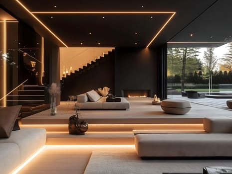 Stylish luxury living room featuring sleek minimalist decor, soft neutral tones, ambient LED lighting, and large windows overlooking a serene outdoor view, creating a sophisticated atmosphere.
