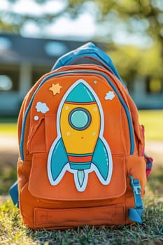 Vibrant rocket-themed die cut sticker adorns a child's backpack, placed stylishly in a lively schoolyard. perfect for illustrating youthful charm and creativity in educational and accessory design for children's back-to-school themes.