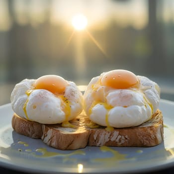 Cloud eggs on toast, with fluffy whites and a golden yolk, illuminated by the soft, warm glow of morning sunlight.