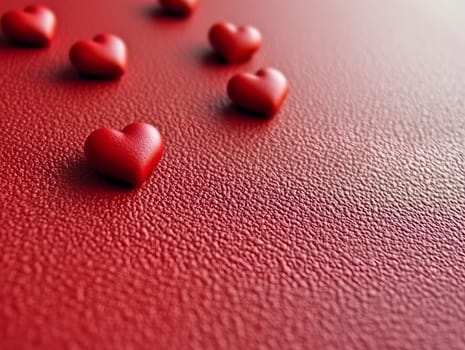 Close-up of small red heart shapes scattered on a textured red surface, creating a romantic and minimalist composition, perfect for Valentine's Day, love, or celebration themes.