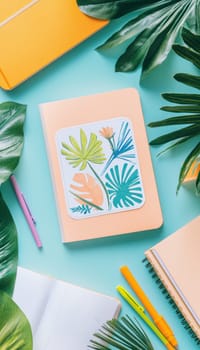 Whimsical butterfly stickers adorn a glossy notebook cover, surrounded by vibrant stationery, offering a creative and inviting aesthetic. bright natural lighting enhances the colorful and cheerful workspace ambiance.