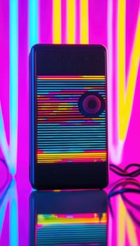 A black portable speaker adorned with a bold retro 80s rectangular sticker featuring a vibrant striped design and circular graphics. neon lights in the background create an energetic atmosphere, blending retro and modern aesthetics.