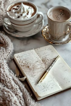 A warm and inviting scene featuring a frothy mocha mousse on a table, accompanied by an open journal, a pen, and a soft beige scarf. perfect for conceptualizing cozy moments, writing inspiration, and enjoying a peaceful cafe ambiance.