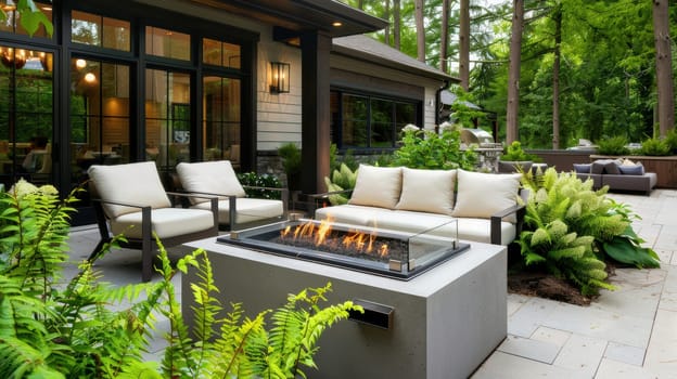 Modern patio featuring mocha-hued sectional furniture with soft cream cushions centered around a fire pit. surrounded by lush greenery, this serene outdoor space blends contemporary design with nature, creating an inviting retreat.
