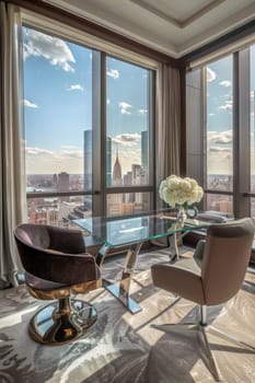 Sleek office setup featuring mocha mousse chairs and a reflective glass desk, set against floor-to-ceiling windows showcasing a bustling urban cityscape. ideal for modern office design inspiration and productivity-enhancing spaces.
