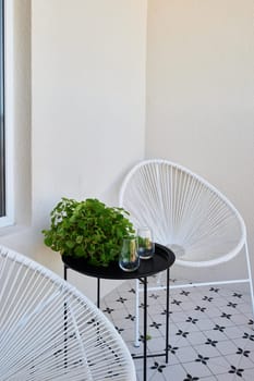 A chic balcony outfitted with elegant chairs, a small table, and vibrant lush greenery offers the perfect escape