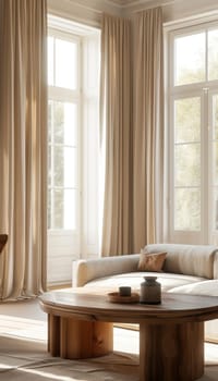 Elegant living room featuring a mocha mousse sofa, a sleek wooden coffee table, and large windows with flowing cream curtains. the soft natural light complements the minimalist decor, creating a serene and inviting atmosphere.