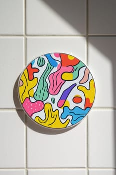 A circular sticker features a vibrant, playful cartoon design, placed on a white ceramic tile. soft lighting enhances the rich colors and intricate details, making it an ideal choice for creative decor or design inspiration.