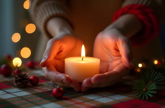 A first-person view of hands holding Christmas candles on a festive wreath, creating a warm and cozy holiday atmosphere. High quality photo