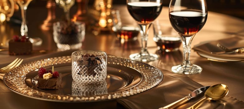 Gourmet dining setup featuring mocha mousse elegantly served in crystal glasses. soft golden lighting highlights intricately plated dishes and fine linen napkins, creating an upscale ambiance perfect for luxury events.