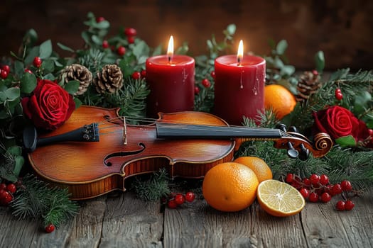 A festive setting with a lovely violin, glowing candles, and vibrant oranges, ideal for holiday themes