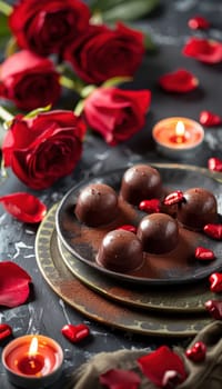 Valentine's day themed scene featuring an assortment of mocha mousse chocolates alongside vibrant red roses. heart-shaped candles create a romantic atmosphere, perfect for holiday designs, promotional materials, or festive decorations.