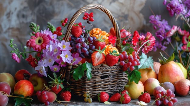 A beautifully arranged wicker basket filled with ripe strawberries, grapes, an apple, vibrant gerbera daisies, and lush greenery. the composition is ideal for a rustic or elegant table setting, adding natural beauty and charm.
