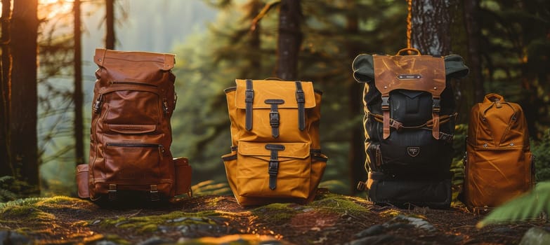 Backpacks in mocha mousse tones displayed along a forest trail during golden hour. designed for outdoor enthusiasts, these backpacks feature durable materials and ergonomic designs, perfect for adventurous hikes and travel exploration.