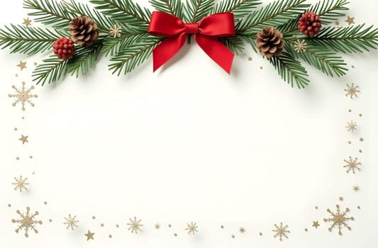 A charming Christmas wreath crafted from pine branches, cones, and red ribbons decorates the upper part of the card. The lower portion offers a blank area bordered by tiny snowflakes and stars for personalized text. High quality photo