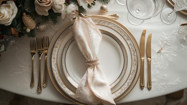 Christmas tablescape decoration, formal family dinner holiday celebration, luxury table setting decor, English country and home style idea