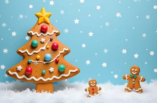 A large gingerbread cookie shaped like a Christmas tree, decorated with colorful icing, set against a snowy pattern background. The card includes a blank space framed with gingerbread men for a personal holiday message. High quality photo
