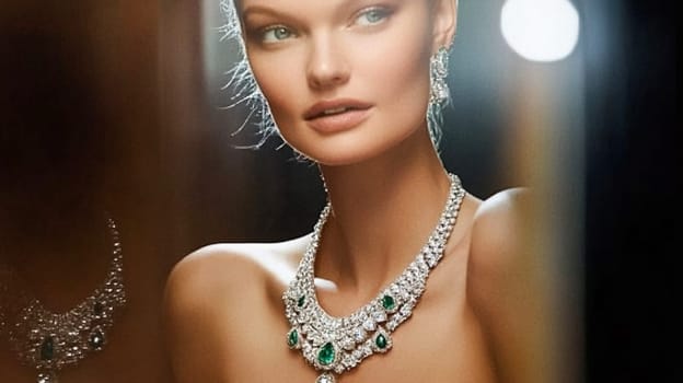 Woman adorned with an emerald necklace and matching earrings poses gracefully, exuding luxury and timeless elegance idea