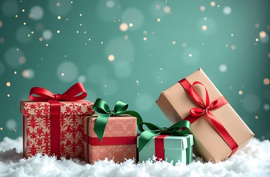A charming card featuring vibrant Christmas gifts tied with festive ribbons in red and green. The upper portion remains blank, lightly decorated with falling snowflakes, ideal for adding a heartfelt message. High quality photo