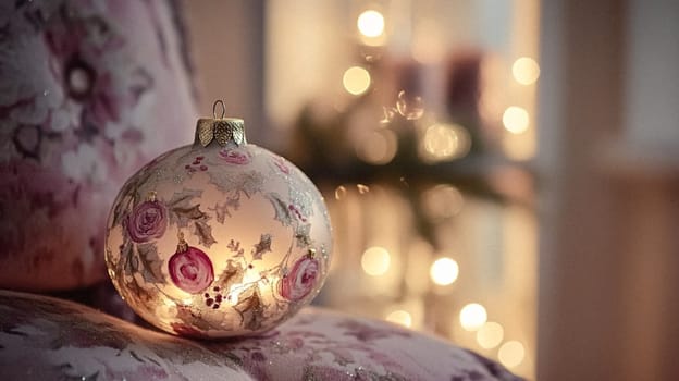 Christmas, holiday decor and country cottage style, cosy atmosphere, decorated Christmas tree in the English countryside house living room with fireplace, interior decoration idea