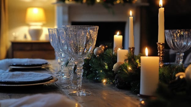 Christmas, holiday decor and country cottage style, cosy atmosphere, decorated Christmas tree in the English countryside house living room with fireplace, interior decoration idea