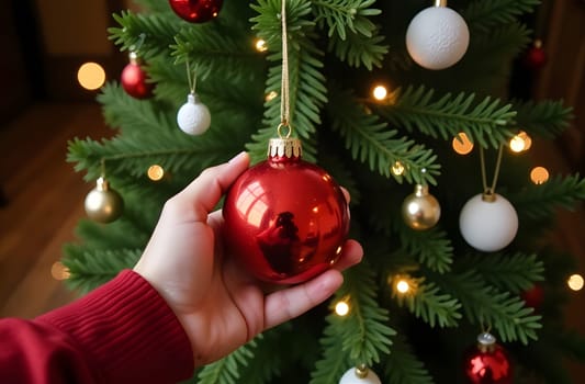 A delicate hand hangs a red ornament on a festive Christmas tree branch, adding to the holiday cheer and sparkle.