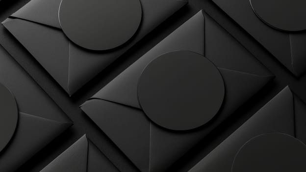 Circular matte black stickers on envelopes create a sleek, minimalist aesthetic ideal for luxury branding and packaging. the textured surface offers a sophisticated touch, enhancing the visual appeal of high-end product presentations.