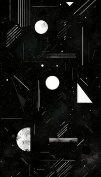 Minimalist stickers featuring diverse geometric patterns are arranged on a sleek black surface. the composition is enhanced by dramatic, soft lighting, emphasizing the intricate designs and modern aesthetic suitable for decor or creative projects.