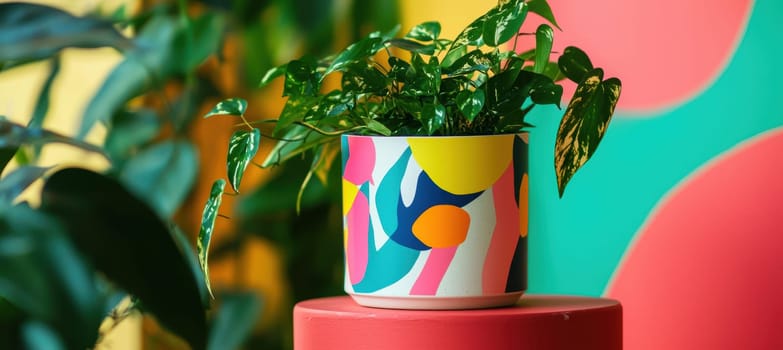 A ceramic plant pot adorned with a bold, abstract art sticker featuring vibrant colors. the pot houses lush green foliage, creating a fresh and dynamic contrast against a smooth, white backdrop, perfect for modern home decor.