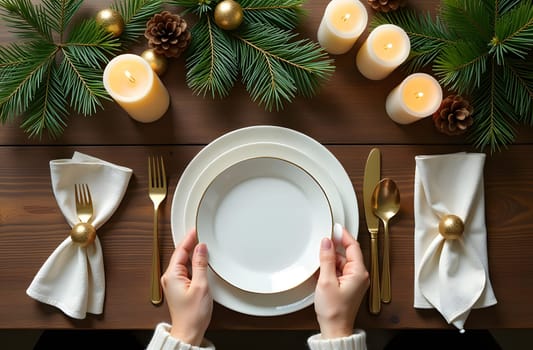 A top-down view of a beautifully set Christmas table, with hands carefully arranging plates, cutlery, and festive decorations to create a warm holiday atmosphere. High quality photo
