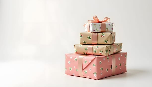 A stack of beautifully wrapped presents in different patterns, isolated on a simple background to emphasize their festive appeal. Ideal for holiday gifting and celebrations