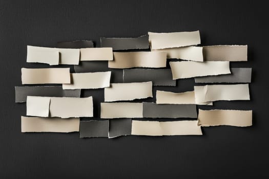 A symmetrical arrangement of torn paper strips in neutral tones lies on a dark background. this stylish and minimalist composition is ideal for professional presentations, adding a touch of elegance and sophistication to any design.