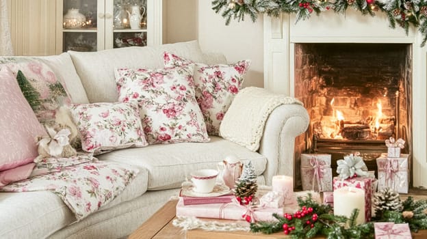 Christmas, holiday decor and country cottage style, cosy atmosphere, decorated Christmas tree in the English countryside house living room with fireplace, interior decoration idea