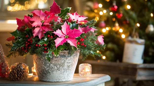 Christmas, holiday decor and country cottage style, cosy atmosphere, decorated Christmas tree in the English countryside house living room with fireplace, interior decoration idea