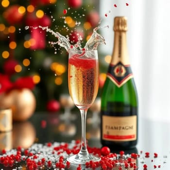 New Year Christmas holiday, splashes of champagne, sandwiches with red caviar. High quality photo