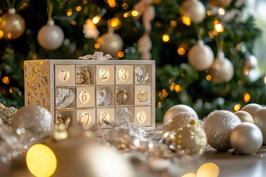 Luxurious advent calendar adorned with gold and silver details, featuring small numbered compartments. set against a warm, blurred christmas tree background with twinkling lights, creating an elegant holiday atmosphere perfect for festive occasions.