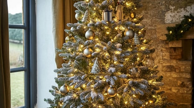 Christmas, holiday decor and country cottage style, cosy atmosphere, decorated Christmas tree in the English countryside house living room with fireplace, interior decoration idea
