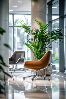 A stylish office interior featuring sleek mocha mousse furniture and expansive glass walls. indoor plants add a vibrant touch of greenery to the contemporary design, creating a tranquil work environment with natural light.