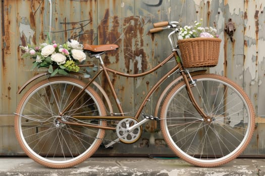 Mocha-colored bicycle with wicker baskets is elegantly propped against a rustic wooden wall. the front basket overflows with vibrant flowers, creating a warm and charming scene. ideal for themes of nostalgia, nature, and outdoor leisure.