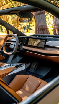 Luxurious electric car interior featuring mocha mousse leather seats, a state-of-the-art digital dashboard, and panoramic glass views. embodies high-end design and cutting-edge technology, ideal for showcasing automotive innovation.