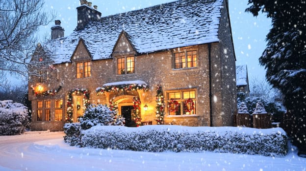 Christmas in the countryside, cottage decorated for holidays on a snowy winter evening with snow and holiday lights, English country styling inspiration