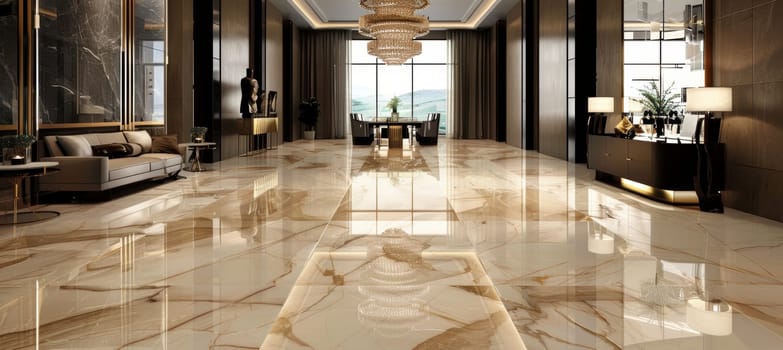 Luxurious hotel lobby featuring mocha mousse walls and large decorative mirrors. a grand chandelier illuminates the space, complemented by a cream marble floor with subtle mocha veins, creating an elegant and welcoming atmosphere.