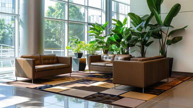 Modern office lobby featuring mocha mousse sofas and a geometric patterned rug, complemented by large indoor plants. natural light floods the space, creating an inviting and refreshing atmosphere, ideal for relaxation and conversation.