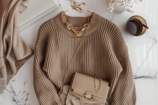 Stylish flat lay featuring a mocha cable-knit sweater paired with beige trousers and gold accessories, including a necklace and clutch. set on a white marble surface, perfect for fashion design, print, and poster projects.