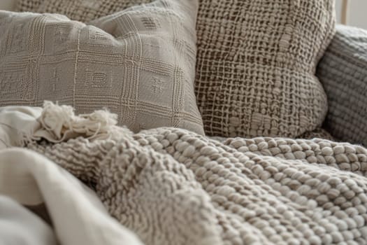 Premium bedding set in warm mocha mousse tones featuring plush throw pillows and a beige knitted blanket. ideal for creating a cozy, inviting bedroom atmosphere with its richly textured fabrics and soothing color palette.