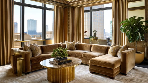 Luxurious living room interior featuring a mocha mousse sectional couch and gold accented decor. floor-to-ceiling window with soft beige curtains offers a breathtaking view of the city skyline, enhancing the elegant atmosphere.