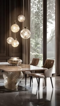Contemporary dining room featuring sleek mocha mousse chairs around a polished marble table. warm light from a pendant lamp illuminates the setting, the glossy surfaces and minimalist decor, perfect for design inspiration.