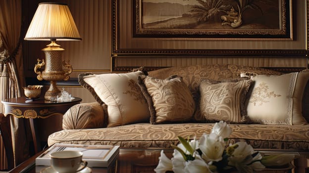 Luxury home interior featuring mocha mousse tones with elegant furniture, soft lighting, and sophisticated decor. the setting includes plush armchairs, a stylish coffee table, and ambient lighting, creating a warm, inviting atmosphere.