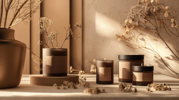 Luxury scented candles in mocha mousse packaging displayed on a beige textured surface. soft warm lighting highlights dried flowers, creating an elegant and cozy atmosphere perfect for home decor and gifting.